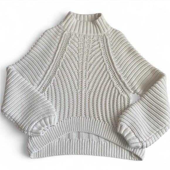 Free People Sweaters - Free People High Neck Chunky Balloon Sleeve Knit White Cotton Sweater